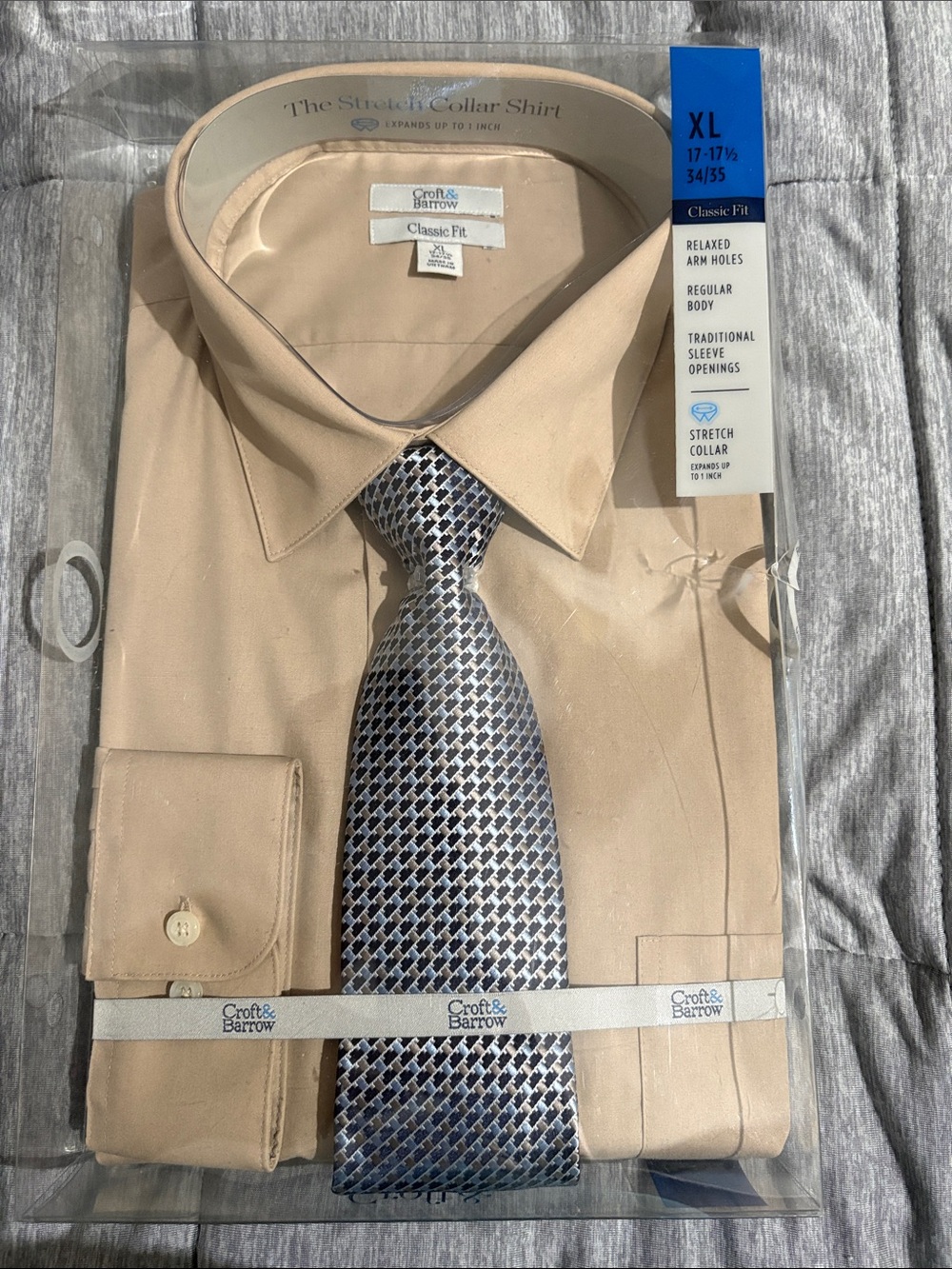 croft & barrow Men’s Classic Fit Dress Shirt in Tan with Patterned Tie - XL